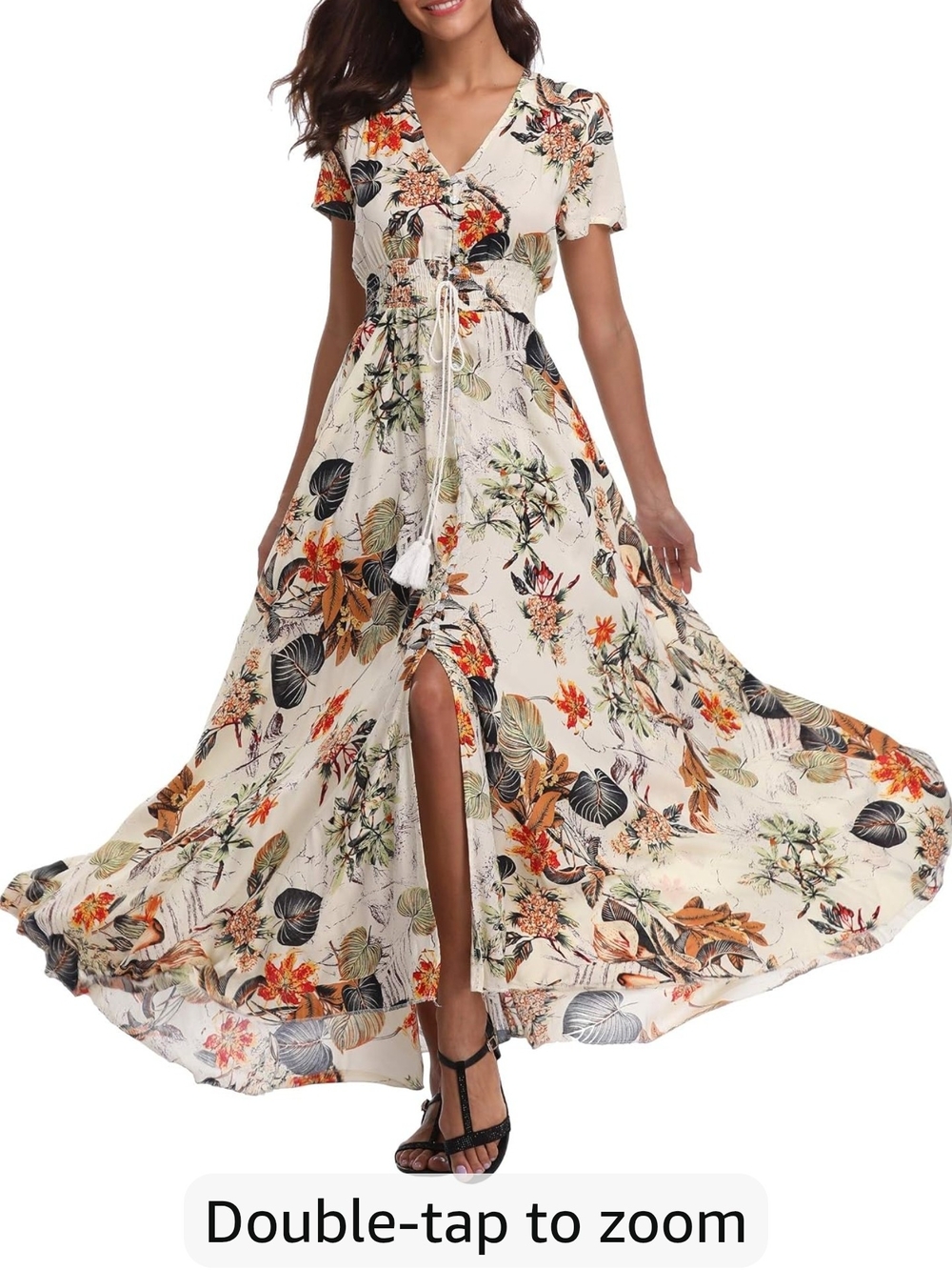 Cream Floral V-Neck Maxi Dress with Navy & Mustard Accents